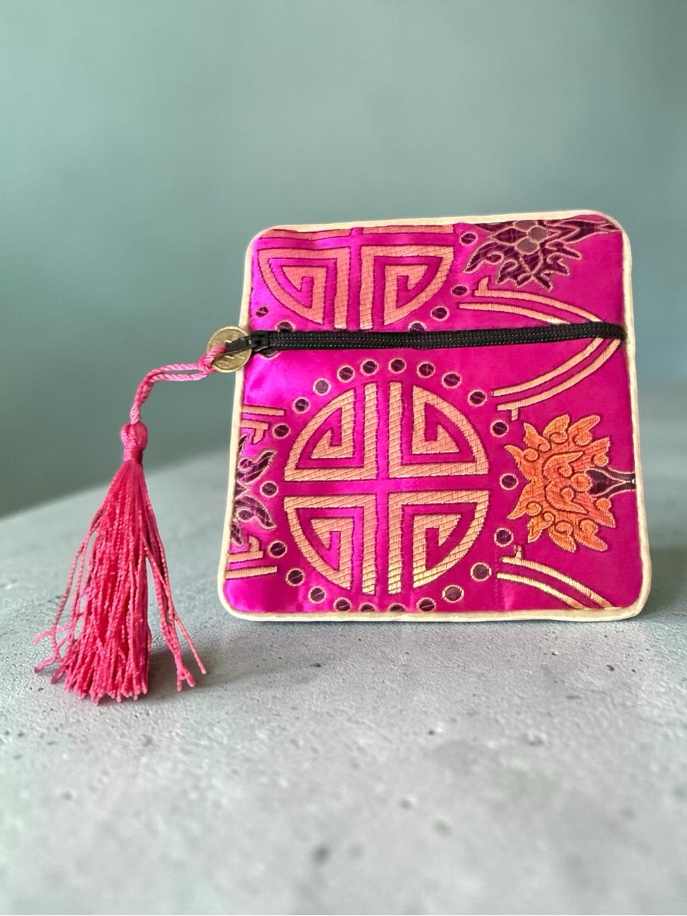 Pink Satin Embroidered Zip Coin Pouch with Tassel